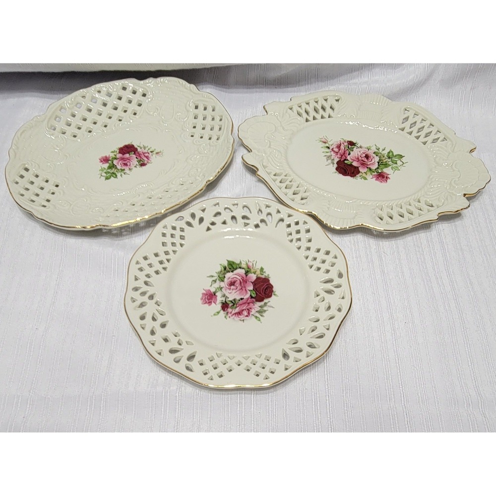 Vintage Victorian style floral Porcelain Plates Set decor 3 Gold Trim lattice